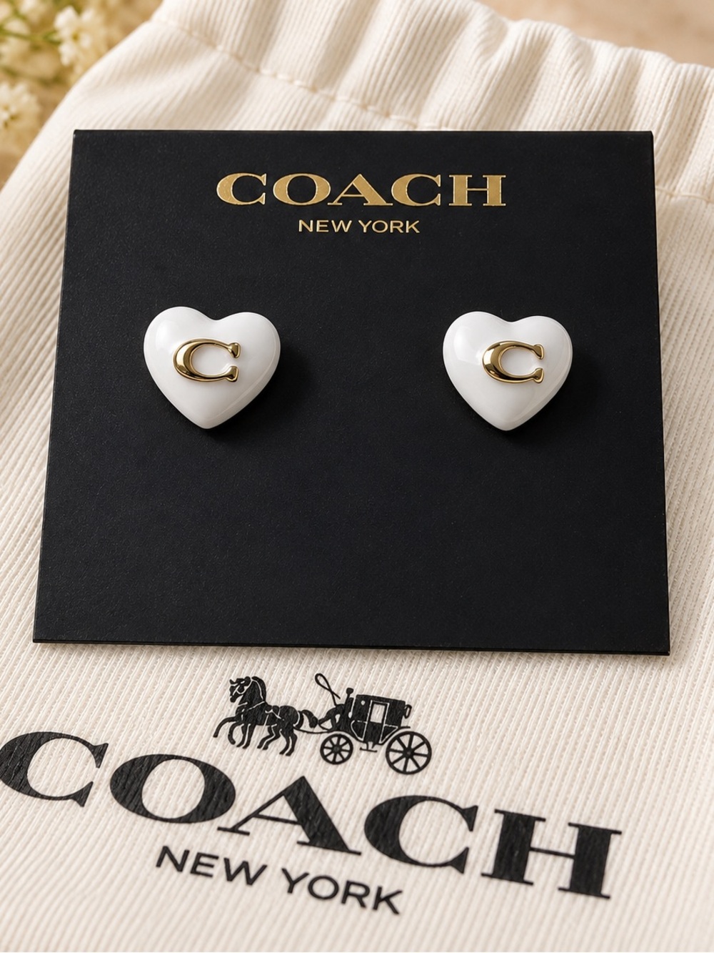 Coach White Heart Stud Earrings with Gold 'C' Accent